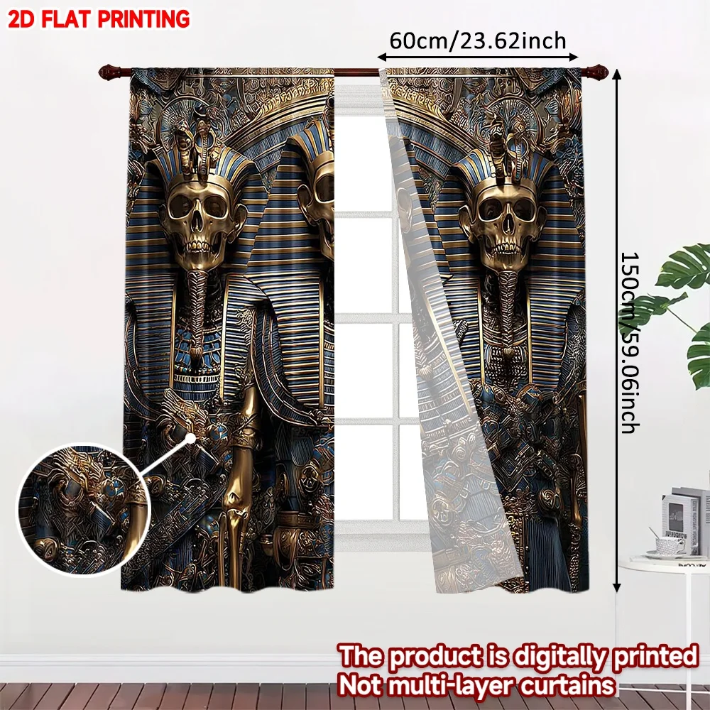 2pcs Egyptian Pharaoh Curtains, Golden Skull with Hieroglyphic Patterns on Blue Background for Themed Living Room Decor
