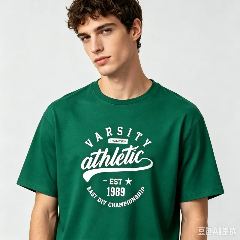 VARSITY Athletic Graphic Tee 100% Cotton Vintage College Green Print Casual Short Sleeve Men Streetwear Tops