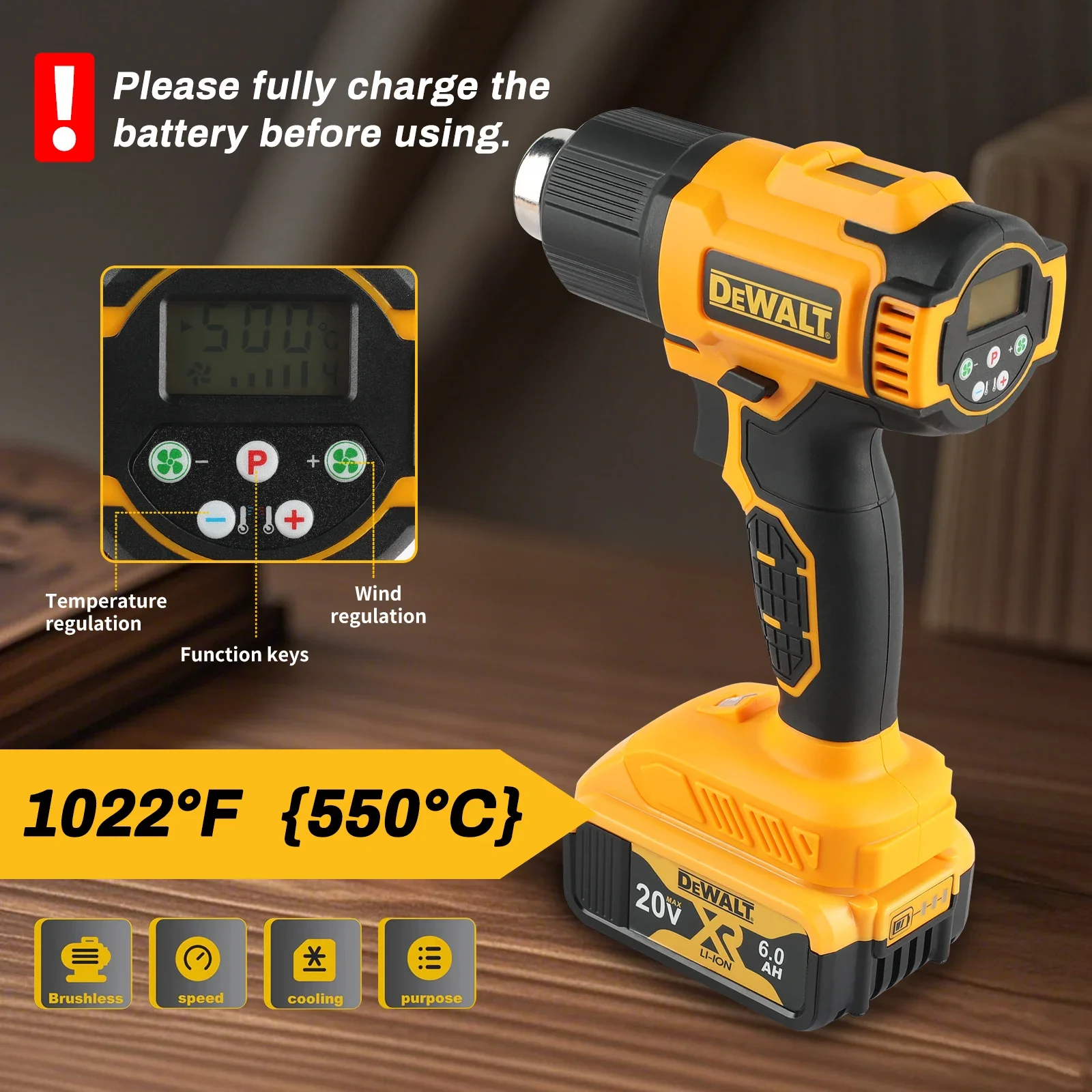 

Dewalt DCE530 20V Cordless Heat Gun 60-550°F Adjustable Temp LED Display Multi-Nozzles for Shrink Wrapping & DIY Projects