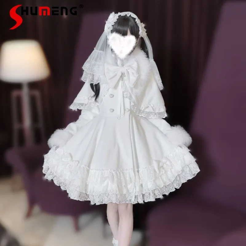 Japanese Sweet Rojita SC Single-breasted Removable Cape Fur Collar Lace Jacket Mine Series Gothic Big Bow White Woolen Coat Girl