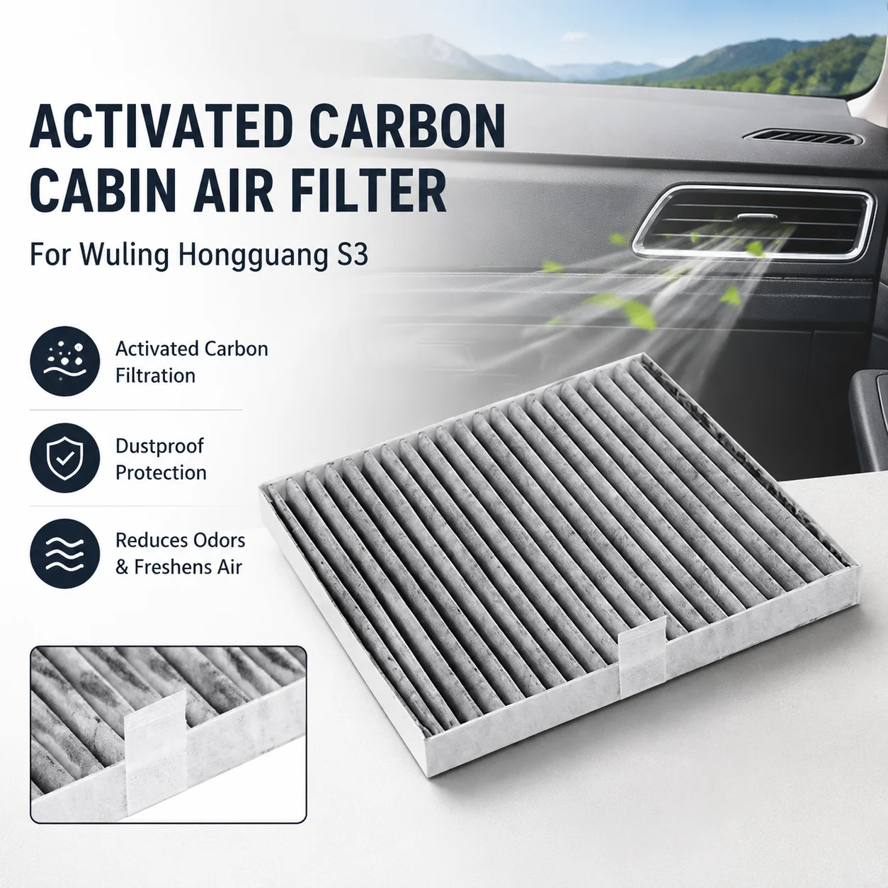 Activated Carbon Cabin Air Filter Dustproof Odor Removal For Wuling Hongguang S3 Car Replacement Part