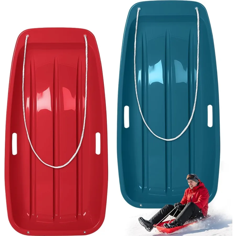 

2 Pcs Plastic Snow Sled 35 Downhill Sprinter Winter Toboggan Sled Board with Pull Rope and Handles for Adults Red Durable Winte