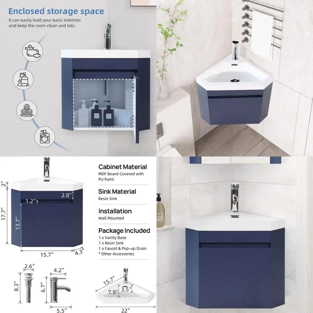 

Compact 16 Wall-Mounted Corner Vanity with Navy Basin, Chrome Faucet & Drain for Small Bathrooms