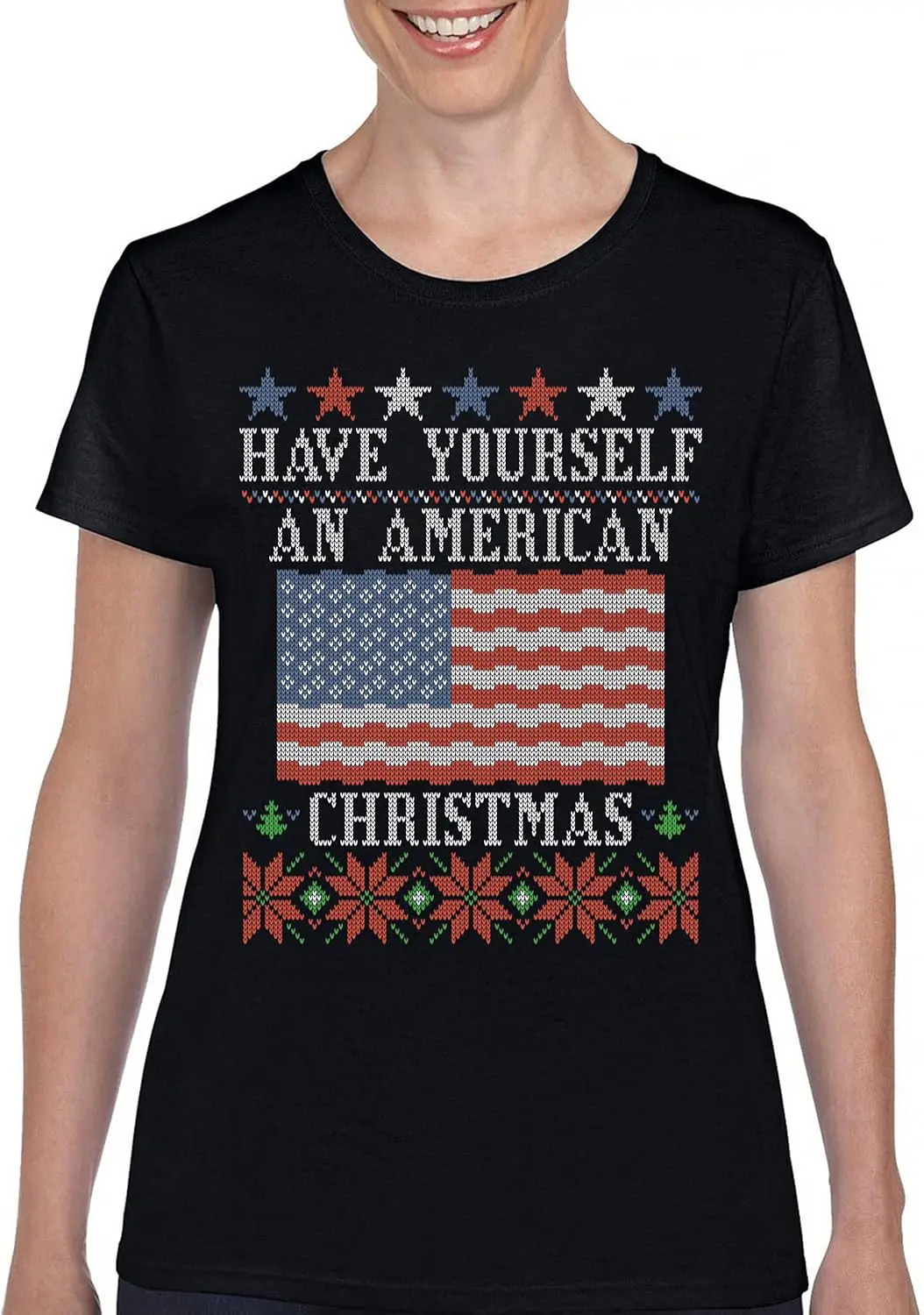 Camisola feia das mulheres para o Natal, tem-se um T-shirt americano, T-shirt patriótica