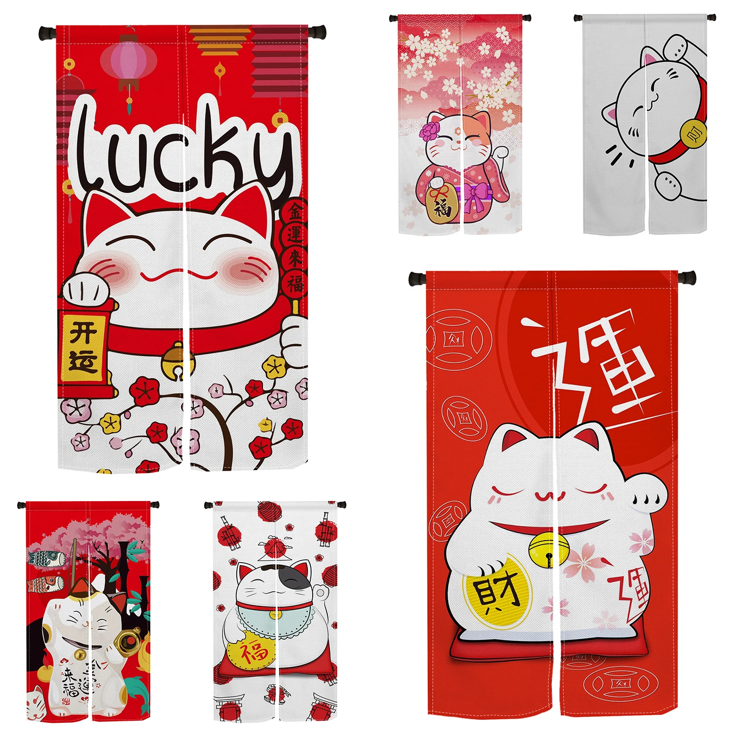 Red Lucky Cat Japanese Door Curtain Noren Interior Room Shop Kitchen Short Curtain Feng Shui Blackout Curtain Doorway Hanging