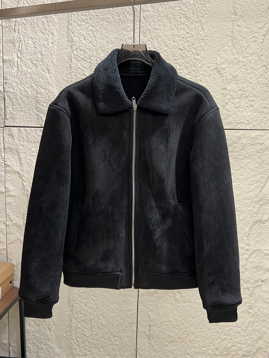 

Spanish Imported Suede Autumn Winter Men's Loose Fit Fleece Lined Warm Collar Jacket Fashionable Outerwear Casual Style Zippe...