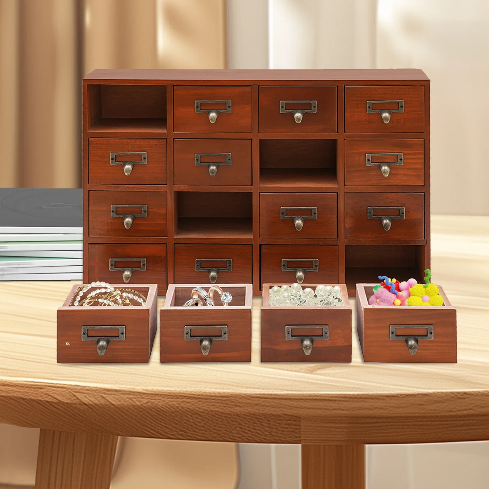 

Retro Wooden Apothecary Cabinet with 16 Drawers, Multi-grid Storage Cabinet, Library Card Catalog Style Furniture for Medicine, Small Items Organization