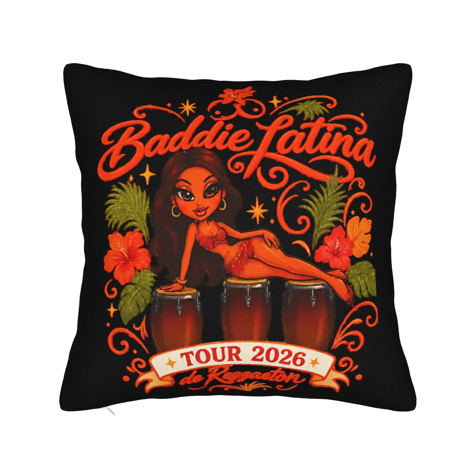 Karol G Conga Drums Tropical Flowers Tour Pillow Case  Kawaii Pillow Cover Comfy Pillowcases For Sofa Car Home Decor