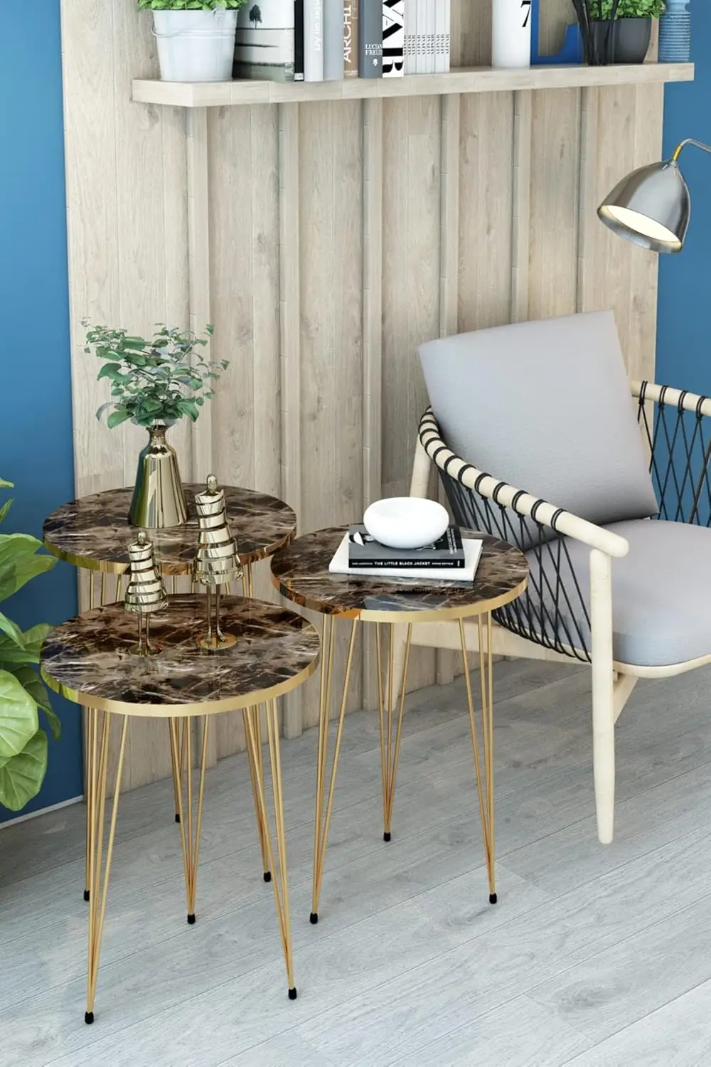 مجموعة من 3 طاولات جانبية متداخلة بأرجل فضية من الرخام الرمادي اللامع، طاولات جانبية للقهوة قابلة للتكديس من الخشب المستدير مع معدن #6