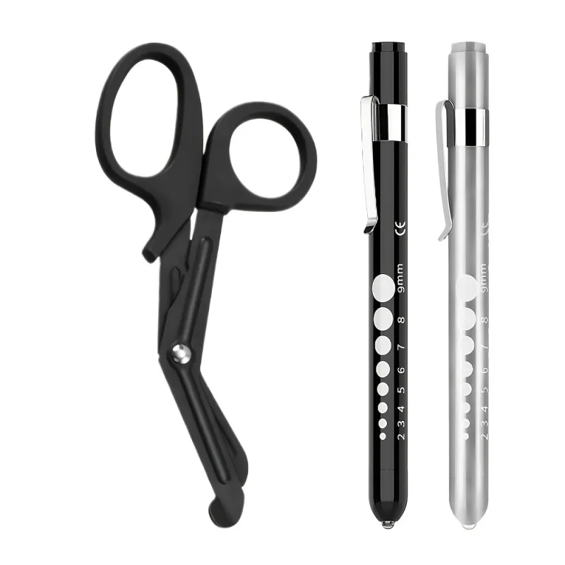 مجموعة مستلزمات طبية للممرضات مكونة من 3 قطع مع 2 مصباح قلم طبي + قطعة واحدة مقص جراحي حديدي متين مقاس 6 بوصات #3