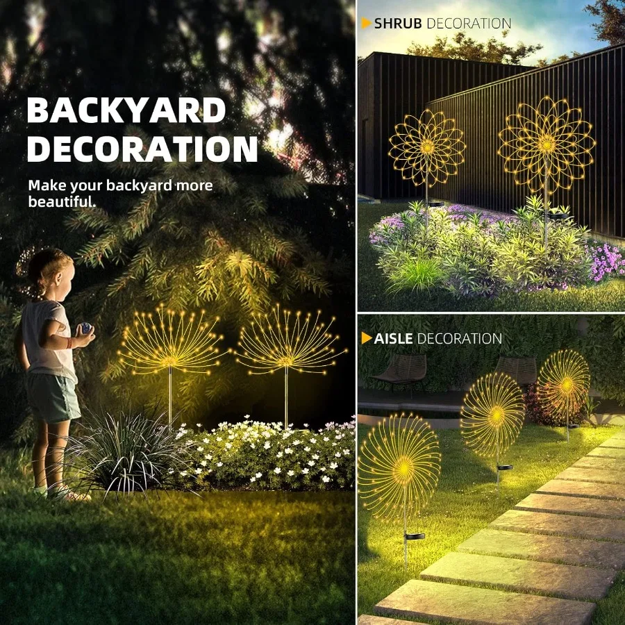 2 luci decorative da giardino solari per fuochi d'artificio solari da esterno con 120 LED e 40 fili di rame per illuminazione paesaggistica fai da te