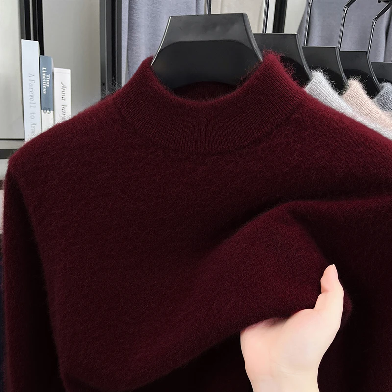 

High-End Man Long-Sleeved Knitwear 100%wool Mock Neck Thicken Solid Color Versatile Winter New Pullover Fashion Casual Mens Tops