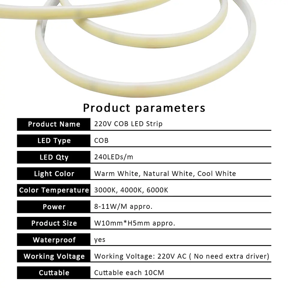 LED Strips 220V Waterproof COB LED Strip Light 240Leds/M 3000K 4000K 6000K Home Decor Flexible Ribbon Linear Lighting - 3