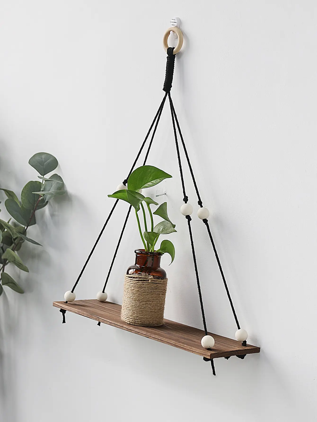 Colgante de pared de madera negra con estante de almacenamiento de macramé, bandeja de maceta de flores de plantas Boho, estante de exhibición, estante de pared flotante, decoración de pared, 1 Pc