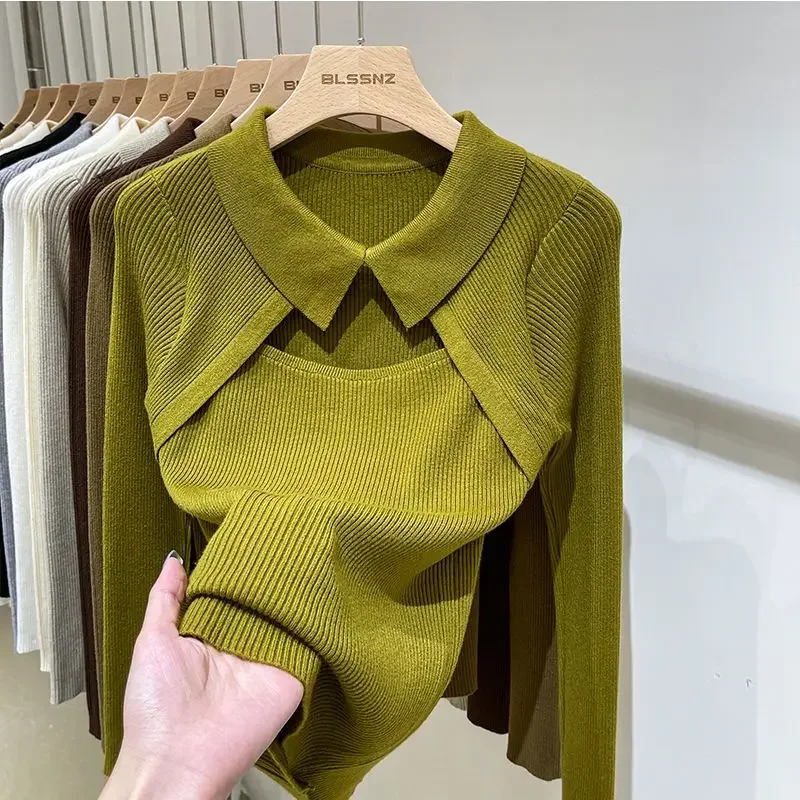 Women\'s Blouse Fake 2 Piece Knit Bottoming Shirt Autumn Female Chic Hollow Out Lapel Tops Solid Color Full Sleeve Basic Blouses