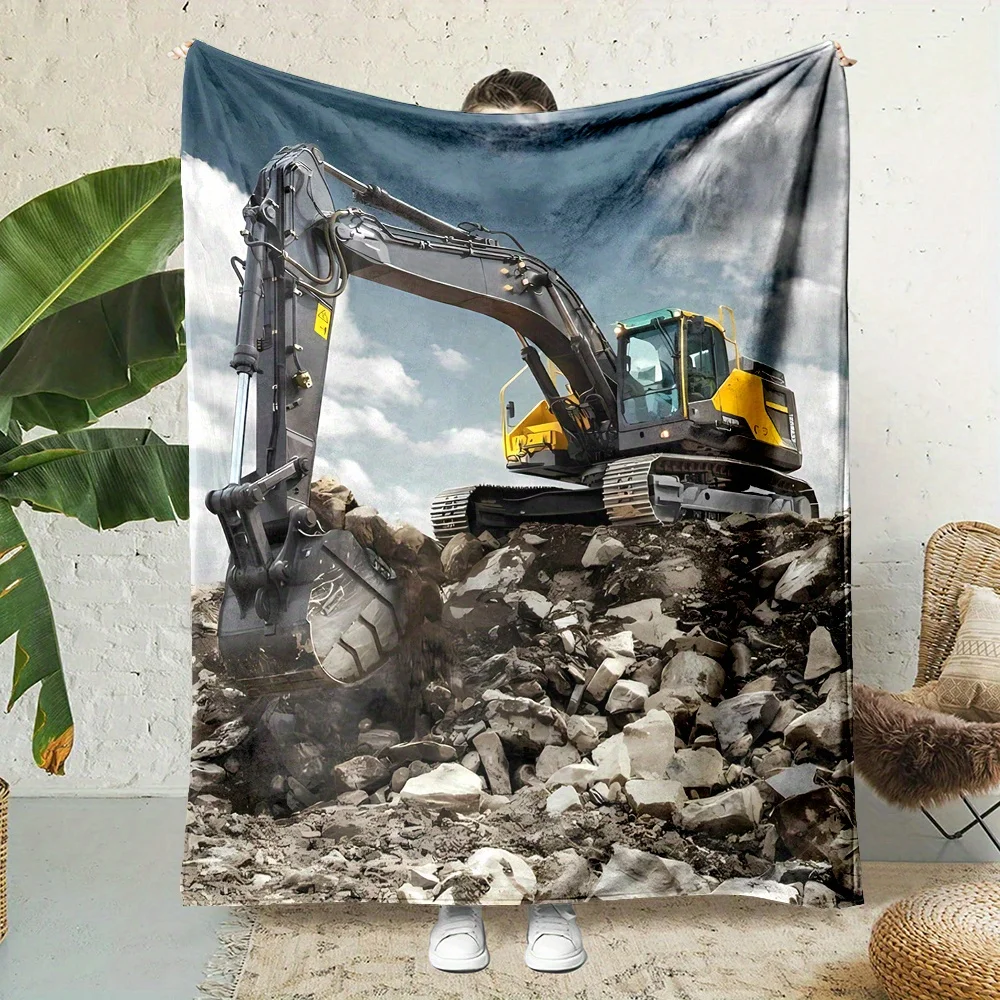 Industrial Construction Excavator Bulldozer Print Throw Blanket Fleece Nap Cover Heavy Machinery Art Decor Gift Home