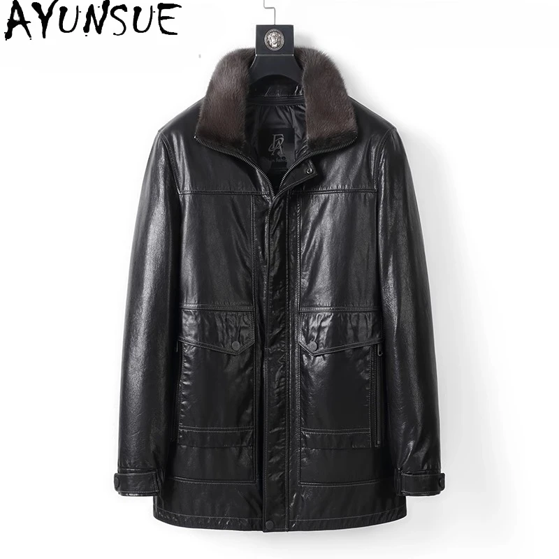 

AYUNSUE 100% натуральная коровья кожа, пуховики, мужской съемный пуховик на подкладке из гусиного пуха, кожаный плащ с воротником из норки
