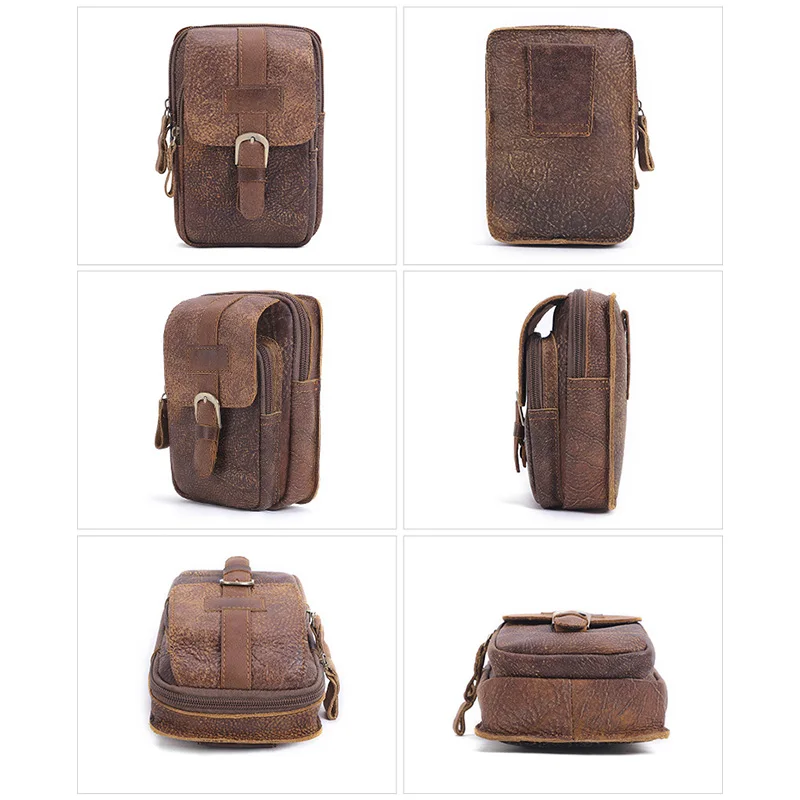 Retro Waist Bag Vintage Wallets Solid First Layer Cowhide Genuine Leather Wallet Basic Daily Zipper Purse Casual Men Phone Bags