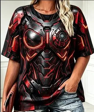 Women Crew Neck Short Sleeve T‑shirt Sci‑Fi Robot Armor 3D Visual Effect Cyan Neon Line Mechanical Cosplay Print Casual Tops
