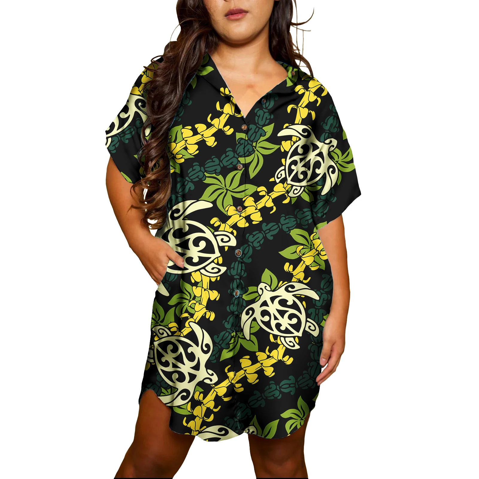 Holiday Polynesian Tribal Midi Dress Puletasi Big Size Women's Clothing  Island Dress Buttons Women Dresses With Pockets