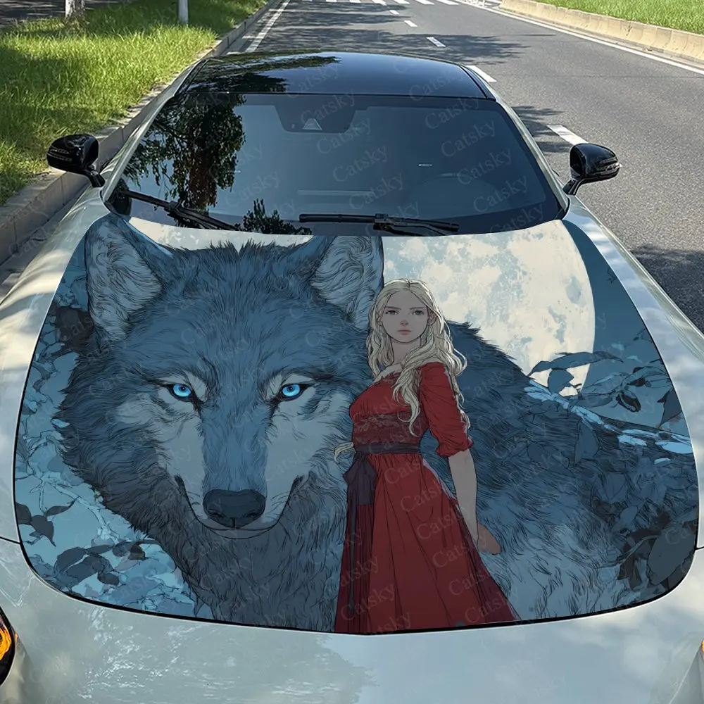 

Наклейки на капот автомобиля Red Dress Girl And Blue Eyed Wolf, высококачественные виниловые наклейки, подходящие для автомобилей и грузовиков, хорошо подходят для погоды R