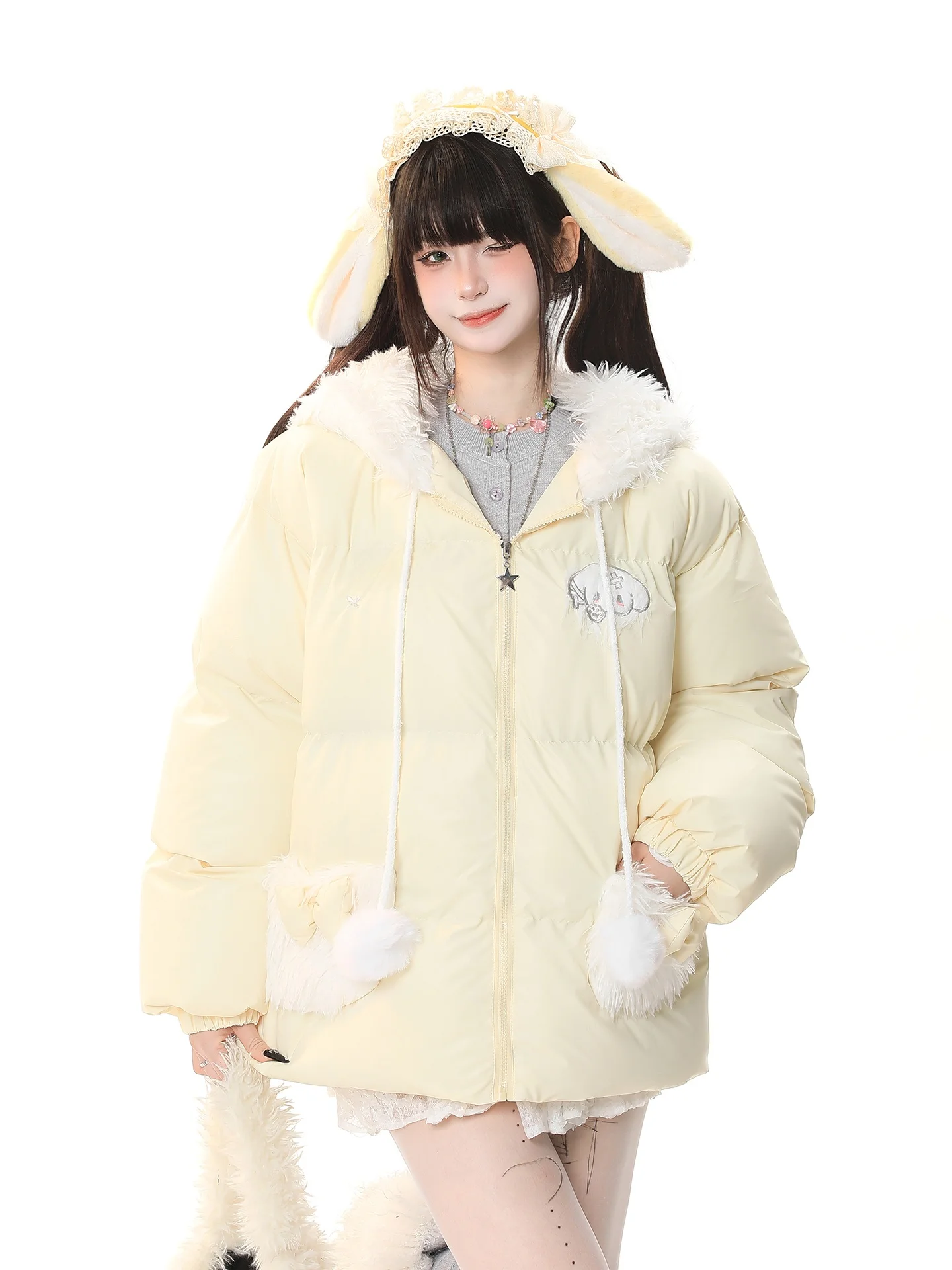 Cute Style Fluffy Rabbit Ear Hooded Cotton Jacket Women's Winter College Style Age Reduction Loose Casual Super Beautiful Out...