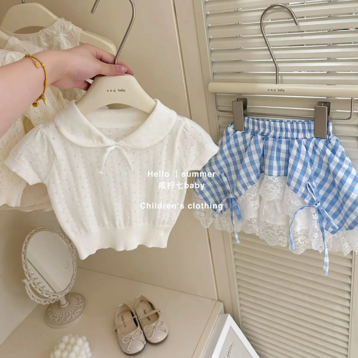 

Girls Summer Outfit Fashion New Style Children Baby Hollow Short Sleeve Top Lace Plaid Skirt Two-Piece Set