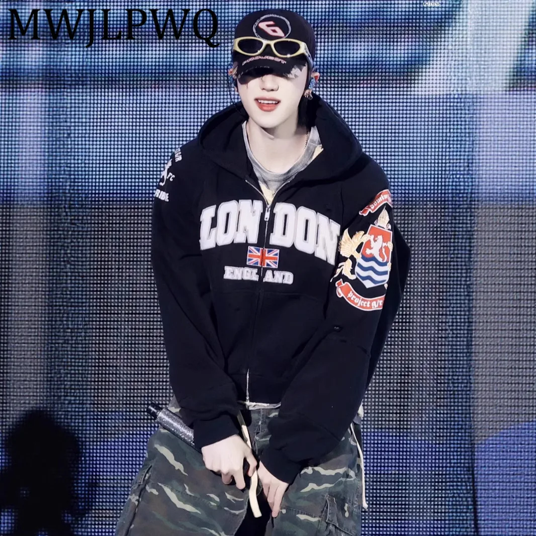 

MWJLPWQ American Style Patchwork Embroidered Sweatshirt Male High Street Washed Structure Zipper Long Sleeve Hooded Tops 12419