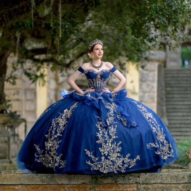 

Blue Quinceanera Dresses Off the Shoulder Gold Sequins Decal Layering Long tail Bow Vestido De 15 Quinceanera Customize