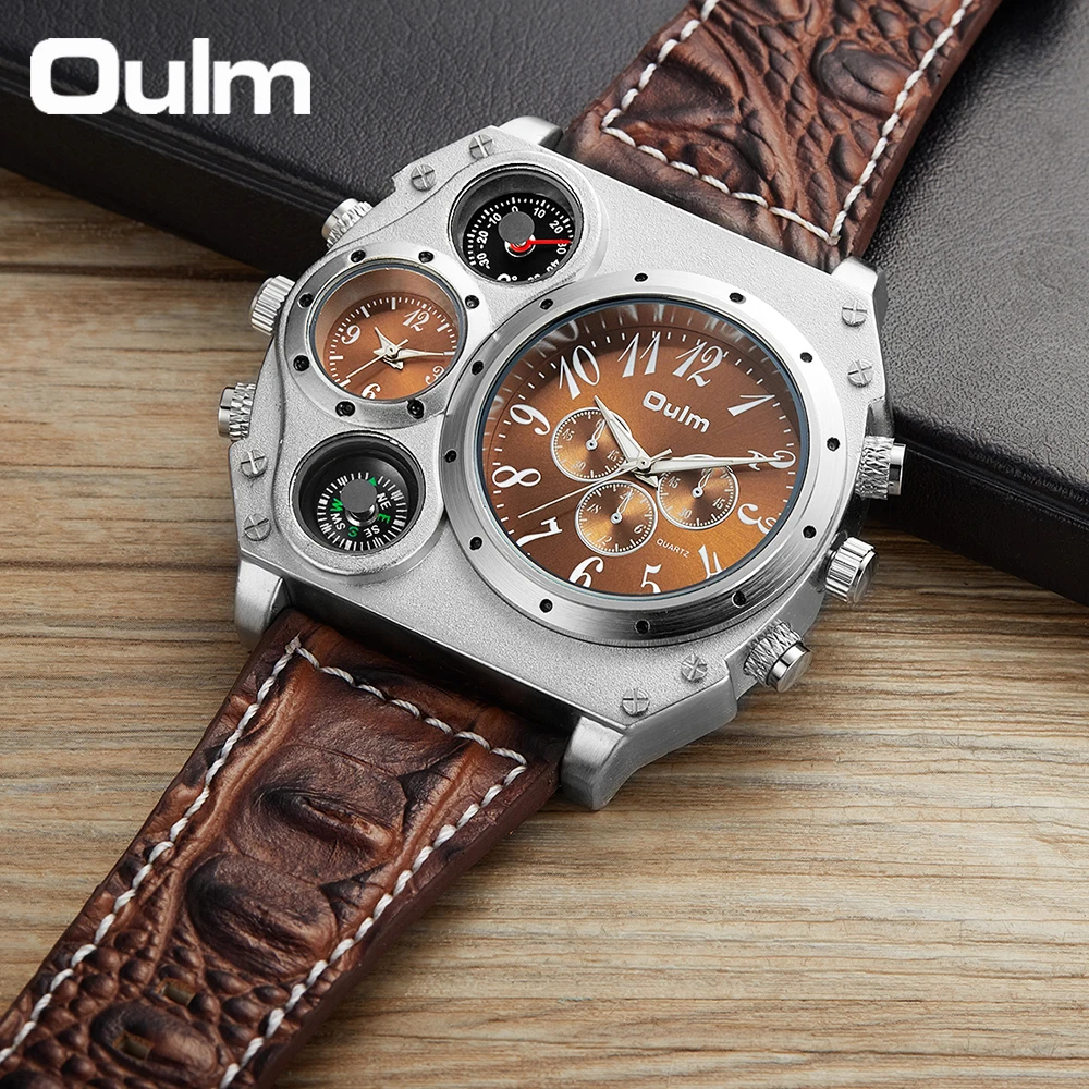 Oulm Unique Designer Brand Male Sports Watch Multiple Time Zone Quartz Watches Big Dial Casual Wristwatch Mens Military Watch