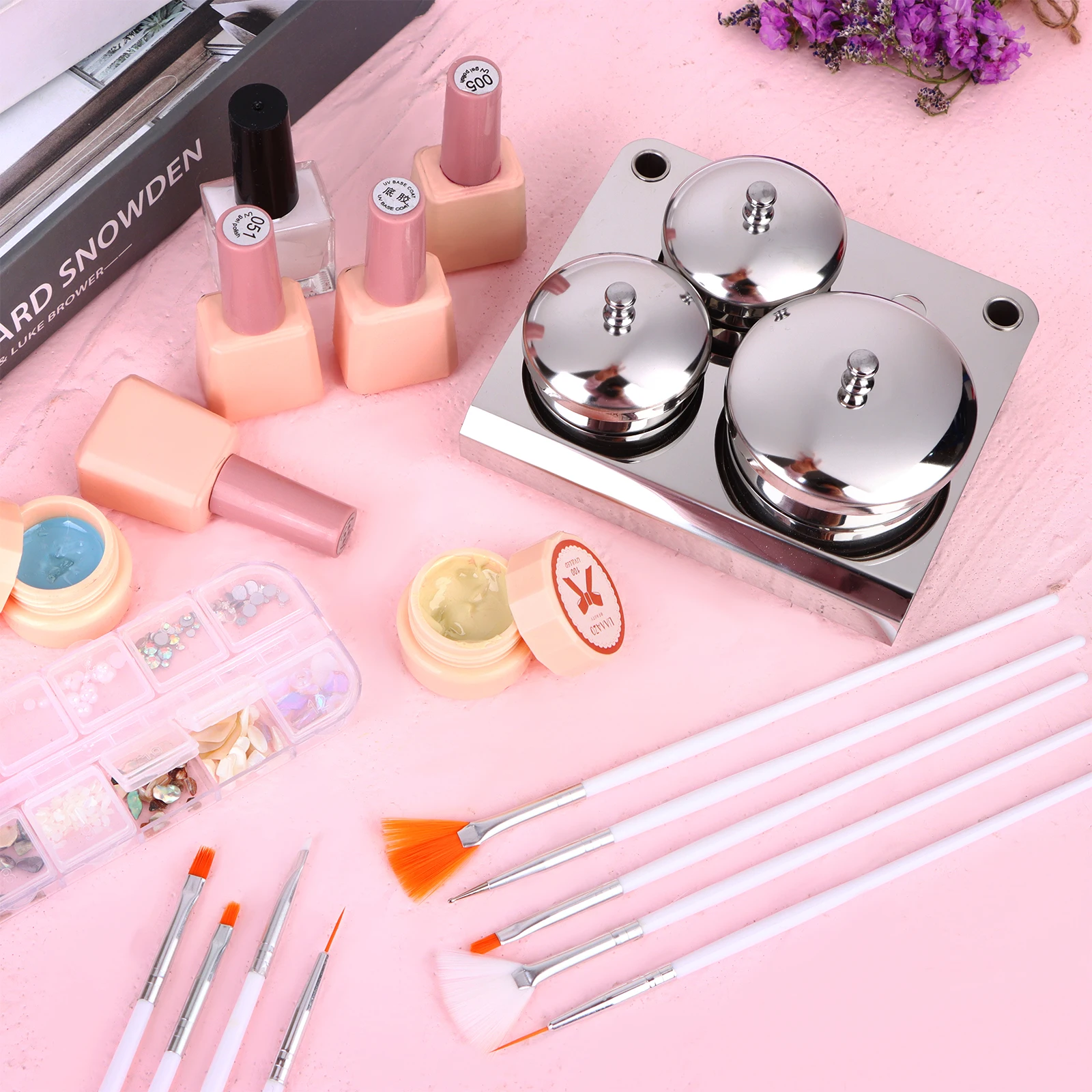 3-Piece Stainless Steel Nail Art Equipment Set with Acrylic Powder Cup and 15pc Nail Brushes