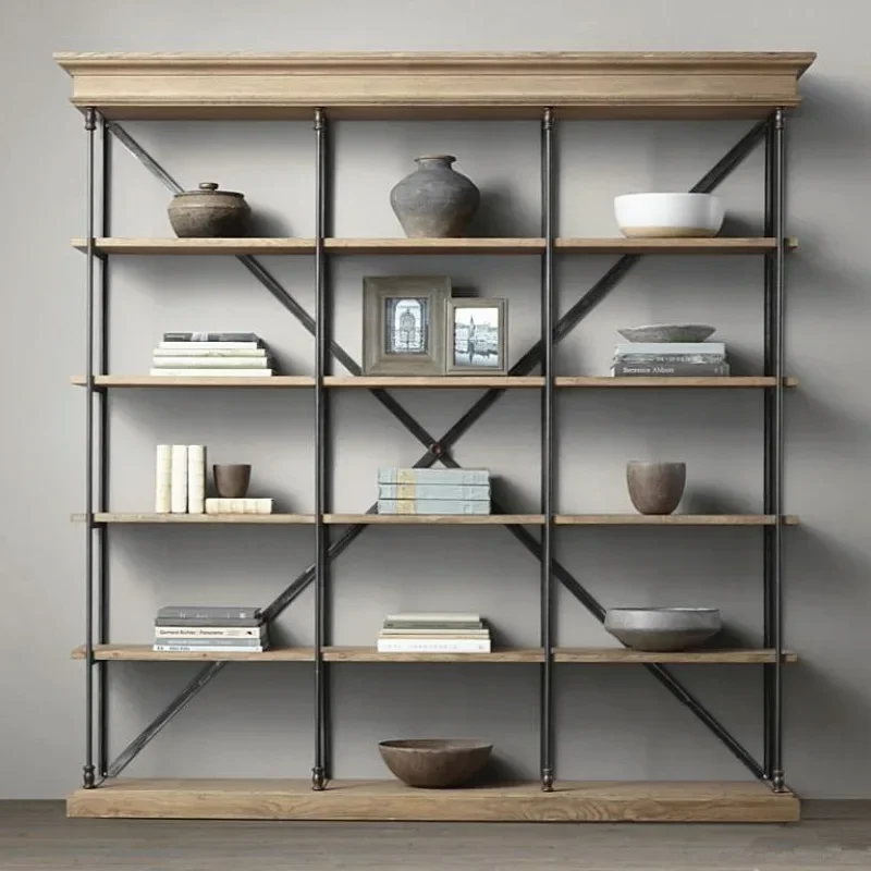 American wrought iron shelf solid wood bookshelf living room kitchen storage rack office floor type