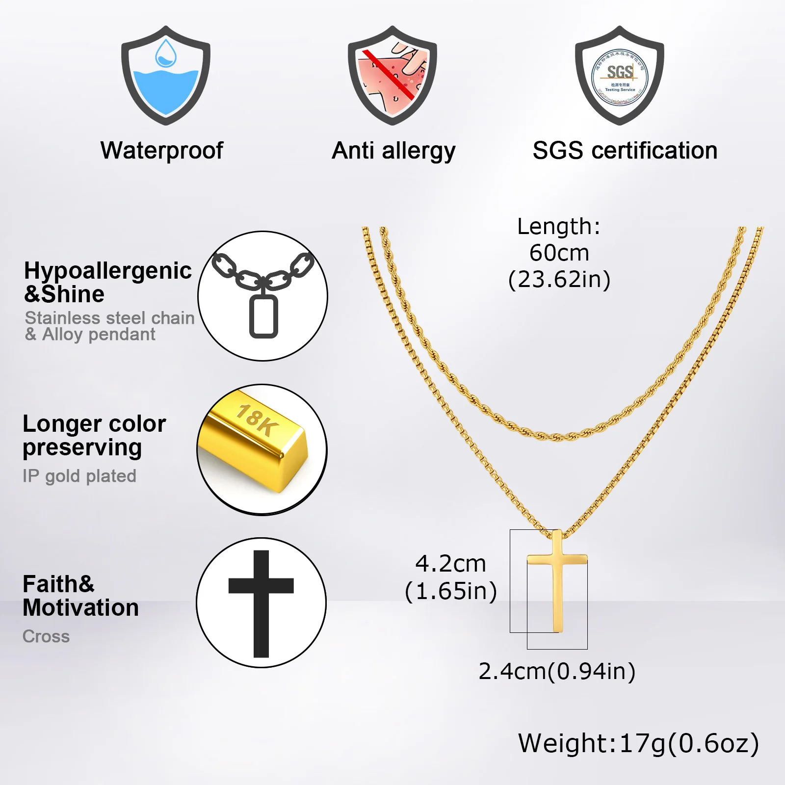 Vnox Mehrschichtige Kreuz-Halskette, Edelstahl-Mehrfachketten-Halsketten mit gedrehtem Panzerketten-Anhänger, Hip-Hop-Schmuck mit religiösem Motiv für Männer. – Detail 20