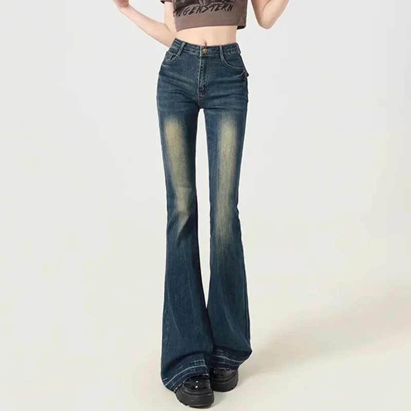 Woman New High Waist Designer Flare Jeans Girls High Street Vintage Y2k 2000s Bell Bottom Pants Female Blue Baggy Denim Trousers