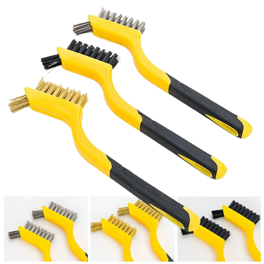 YTOM 3pcs 7Inch Wire Brush Steel Brass Nylon Brush Cleaning Polishing Detail Metal Rust Brush Scrubbing Polishing Burring Hand T