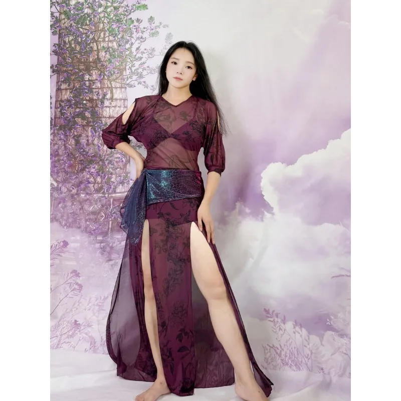 Customized Swegal Sexy Women's Belly Dance Practice Clothes Eastern Dance Costumes Arm Exposed Mesh Robes Lightweight