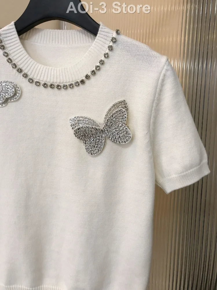 Plus Size White Ice Silk Knitted Sweater Women's 2024 Summer Short-Sleeved Thin Beaded Three-Dimensional Butterfly Commuter Top