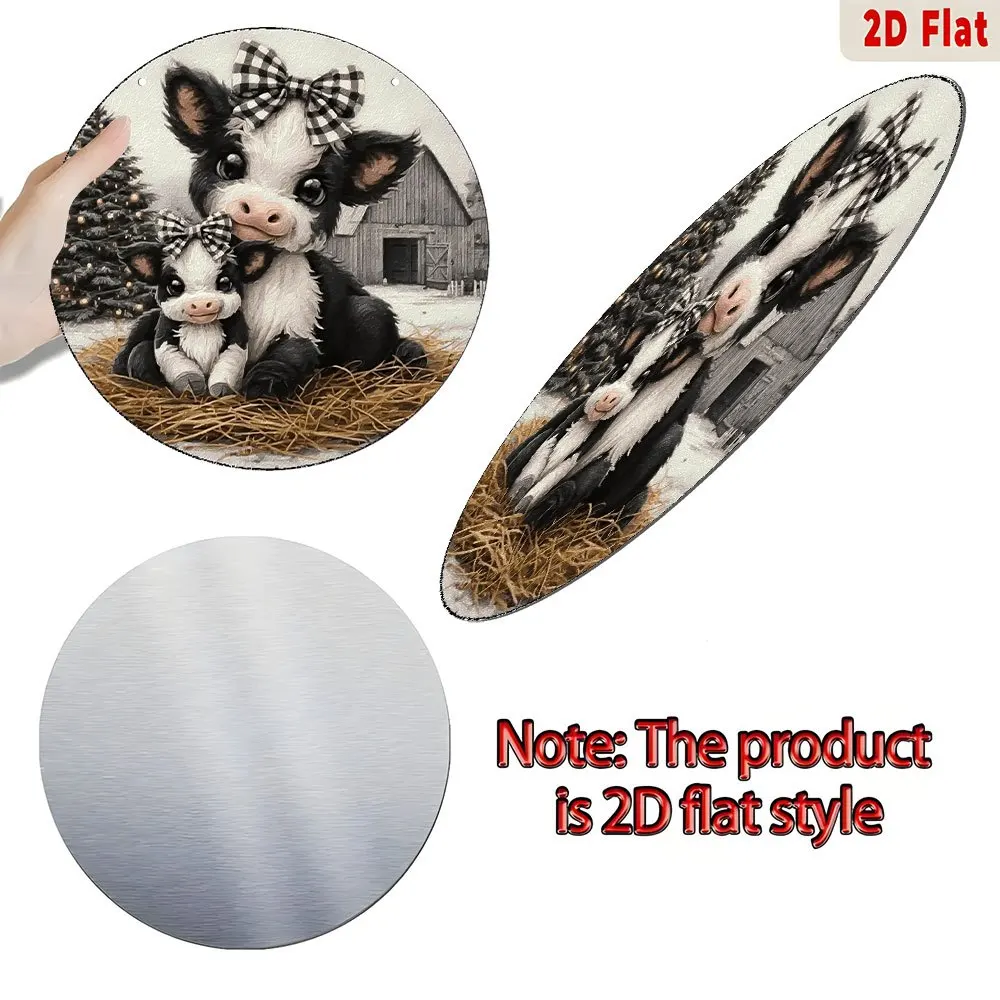 2D Flat Cute Cow & Calf Metal Wall Decor - Vintage Round Fluffy Farmhouse Window Art with Big-Eyed Calf & Mother Cow - Rustic Wi