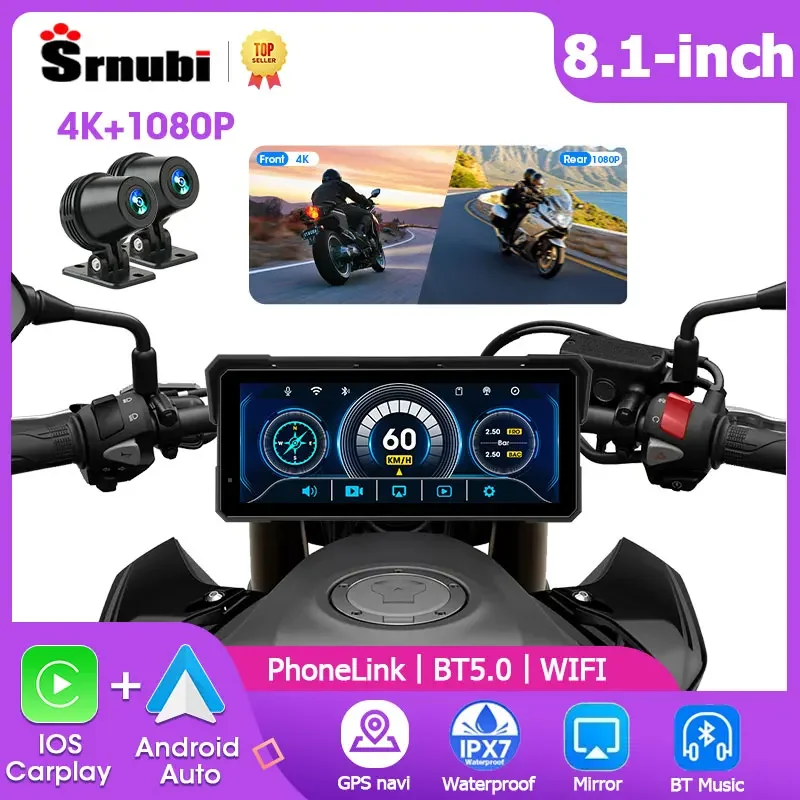 

Srnubi 8.1" Moto DVR GPS Motorcycle Navigator 4K Front +1080P Rear Cam Wireless CarPlay Android Auto Motorbike Helmet Bluetooth