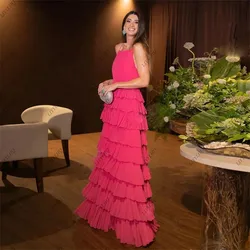 Elegant Fuchsia Tiered Ruffles Prom Dresses Sexy Square-Neck Straight Strap A-Line Women Long vestidos de noche elegantes 2025