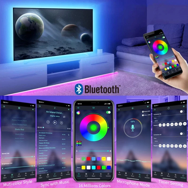 Tira de luces Led con Control Bluetooth, luces Led Rgb para Tv, cinta Usb, retroiluminación, decoración de fiesta, lámpara Flexible, cinta, diodo