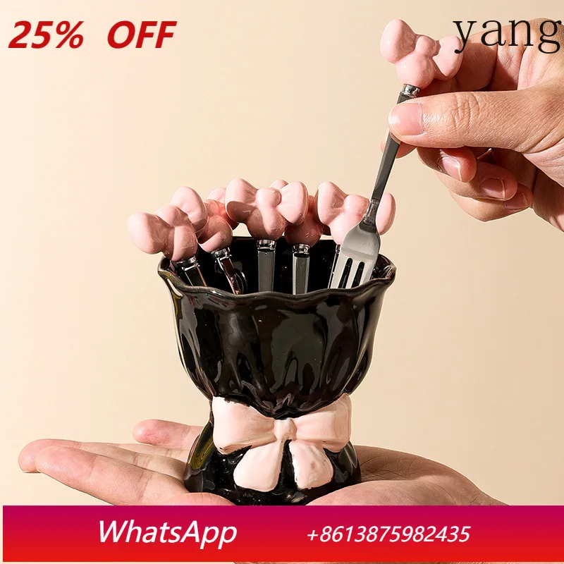 

Yjq fruit dessert fork storage jar household stainless steel ceramic small fork living room coffee table jar