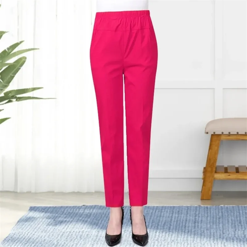

Однотонные эластичные женские брюки с высокой талией для мам, осенние женские повседневные хлопковые прямые брюки для мам среднего возраста