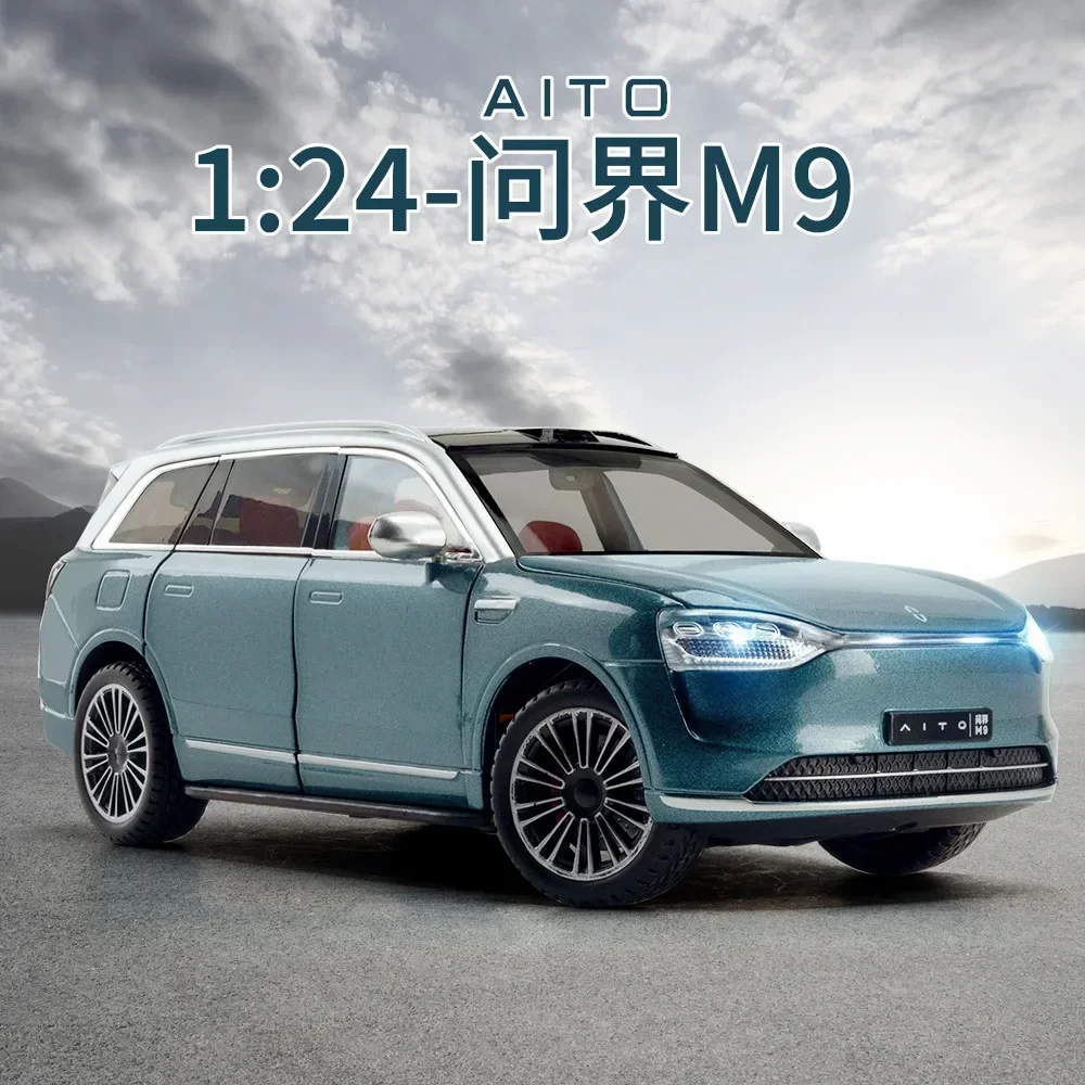 AITO M9 – modèle de voiture en alliage moulé sous pression 1:24, jouets, pneus en caoutchouc, véhicules avec musique légère, SUV, cadeau d'anniversaire pour garçons