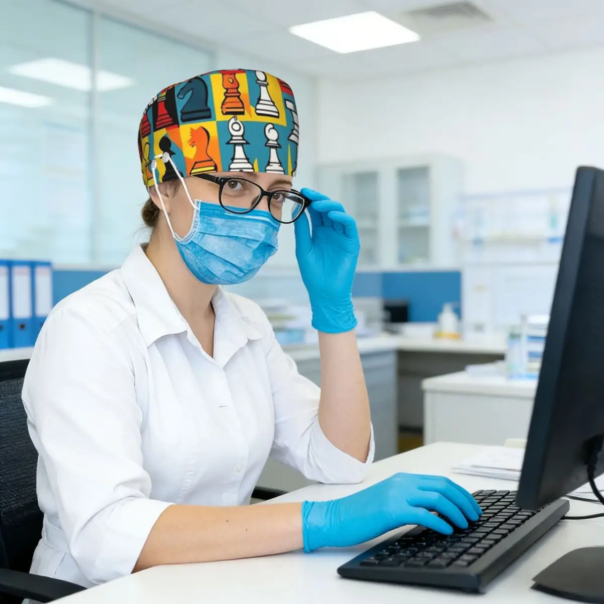 Cartoon Chess Pattern Scrub Hat Doctor Working Surgical Cap Unisex Adjustable Nursing Caps for Dentist