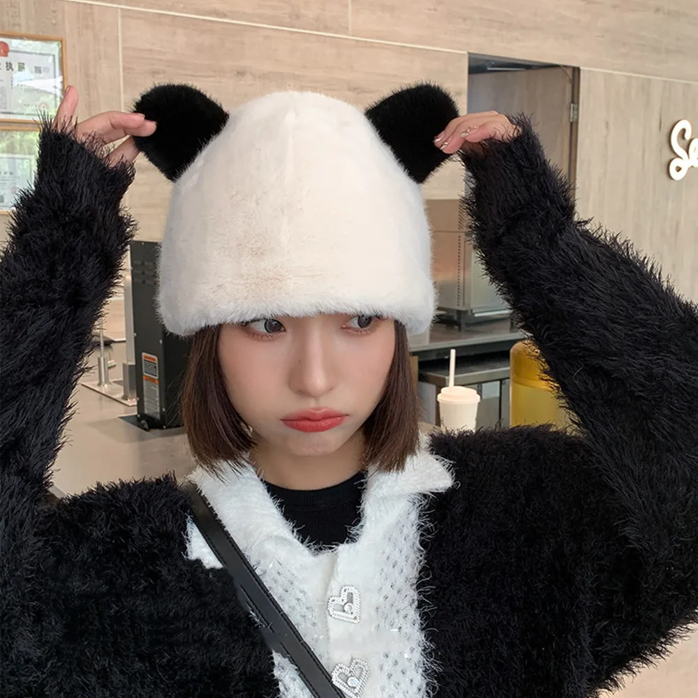 Panda Plush Hat For Women Cute Bear Ear Earflap Hat Faux Fur Fluffy Beanies Cap Warm Thick Winter Hat Cycling Ski Pullover Cap