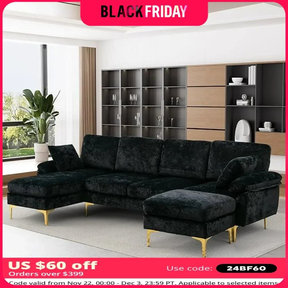 U-Shaped Sectional Sofa Couch, 4 Seat Sofa Set for Living Room, Convertible L-Shaped Velvet Couch Set