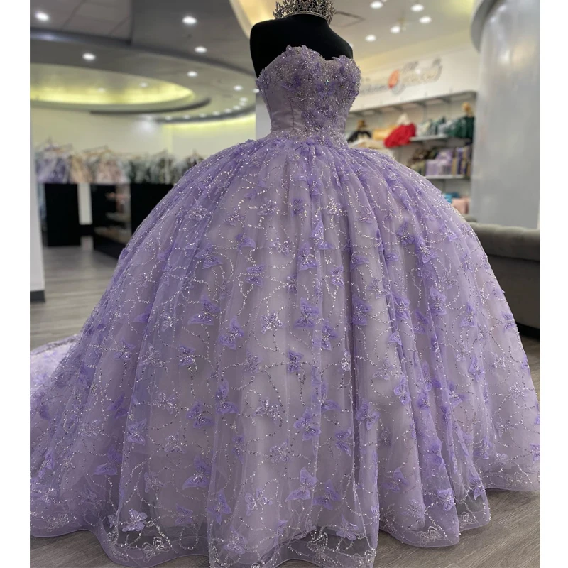 

EVLAST Customized Lavender Shiny Quinceanera Dress for 15 Year Ball Gown Applique Bow Beads Sweet 16 Vestidos De 15 Años TQD034