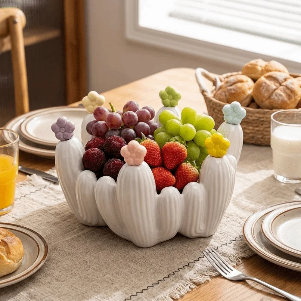 Creative Design Cactus Fruit Bowl Stainless Steel Forks Multi-purpose Fruit Basin Fork Set Reusable Nordic Style