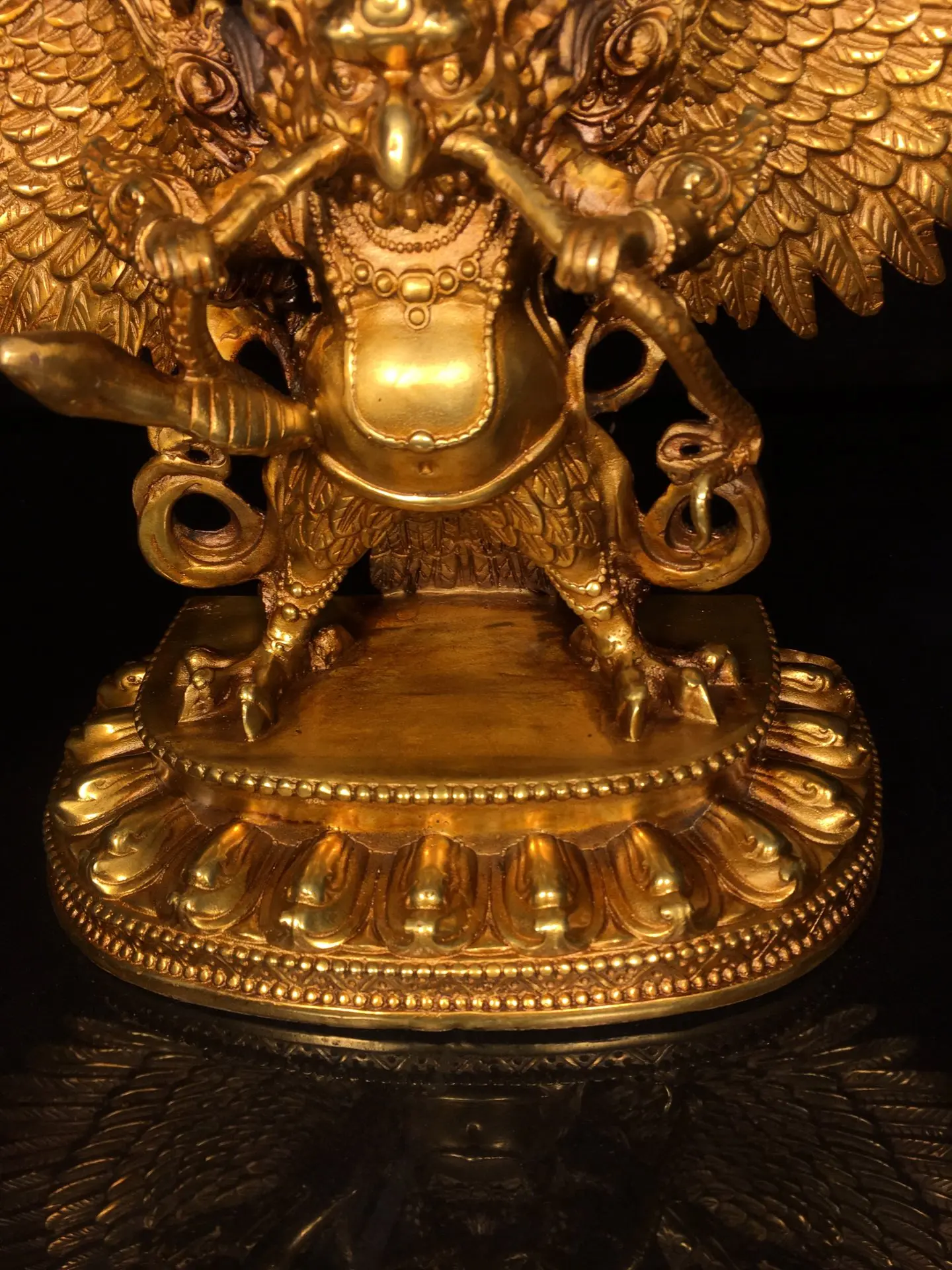 Old Bronze Gilded Cinnabar High Relief GARUDA supanna Garuda Dhwaja Dharma  protector Standing Buddha Amitabha Worship Hall